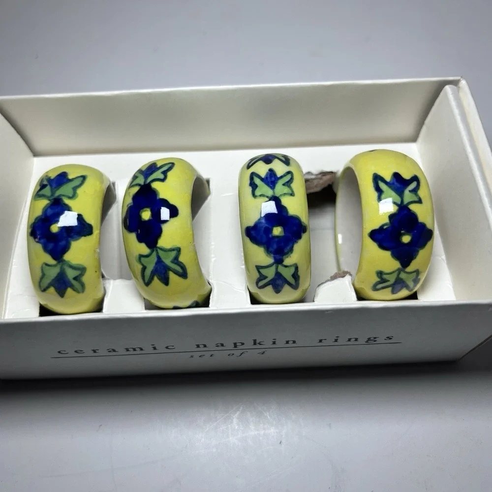 New Pier 1 Imports 4 Ceramic Napkin Rings Blue Yellow Flowers India Mexican Art